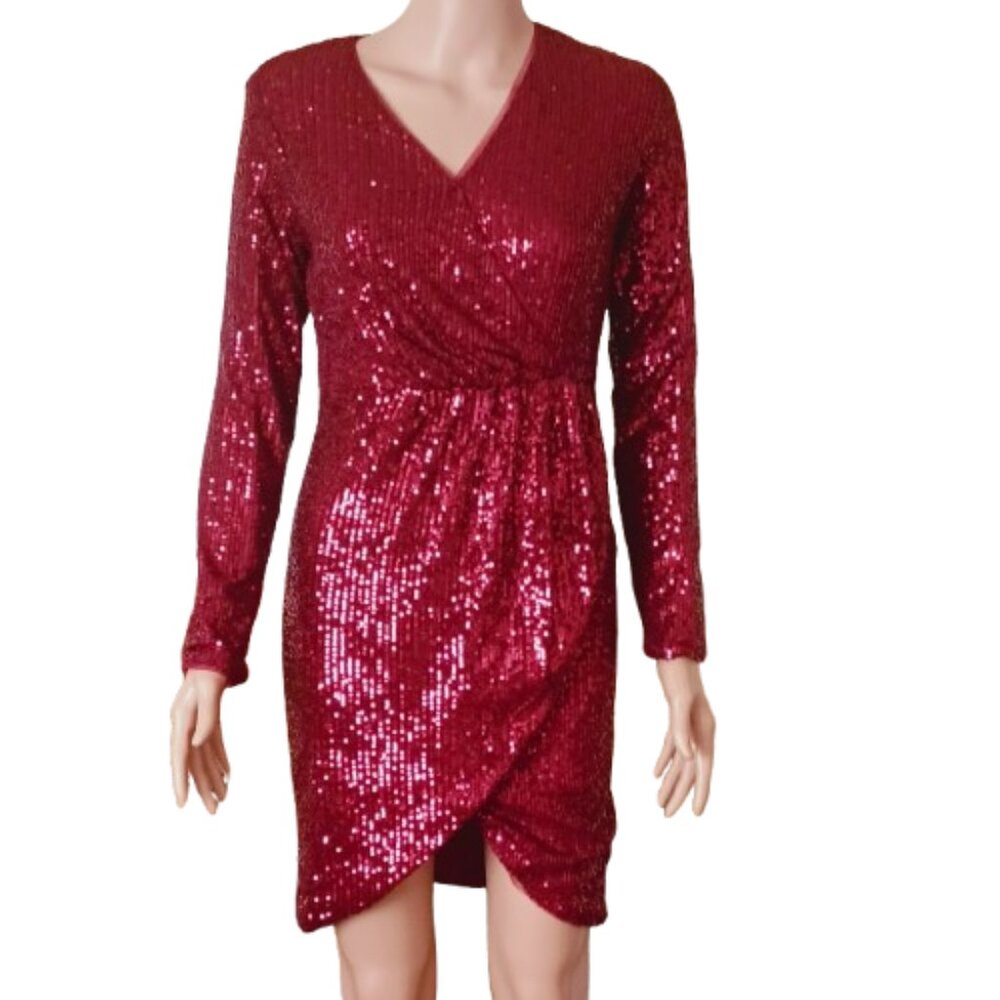 Red Sequin Faux Wrap Cocktail Dress Long Sleeve Scoop Hem Evening Holiday